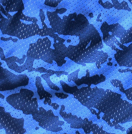 Close-up of RF-Wear Women's Mesh Tiger Camo Shorts in Blue