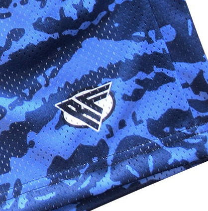 Close-up of RF-Wear Women's Mesh Tiger Camo Shorts in Blue with RF logo