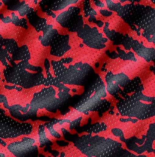 Close-up of RF-Wear Women's Mesh Tiger Camo Shorts in Red