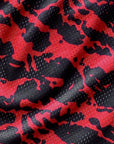 Close-up of RF-Wear Women's Mesh Tiger Camo Shorts in Red