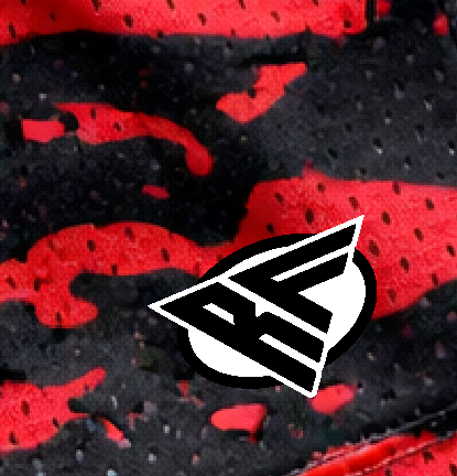 Close-up of RF-Wear Women's Mesh Tiger Camo Shorts in Red with RF logo