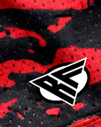 Close-up of RF-Wear Women's Mesh Tiger Camo Shorts in Red with RF logo
