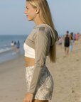RF Wear Women's Mesh Ultra Crop Hoodie - Tan - Model Side View