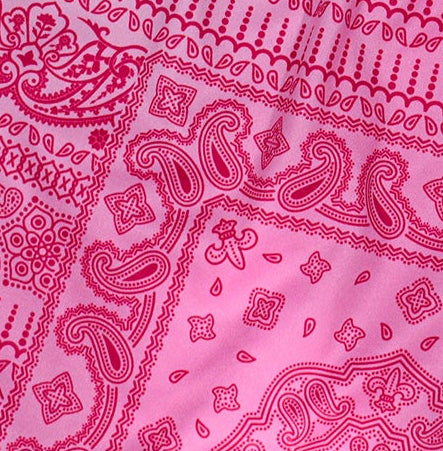 Close-up of RF-Wear Women's Bandana Mismatch Pocket Shorts in Pink.