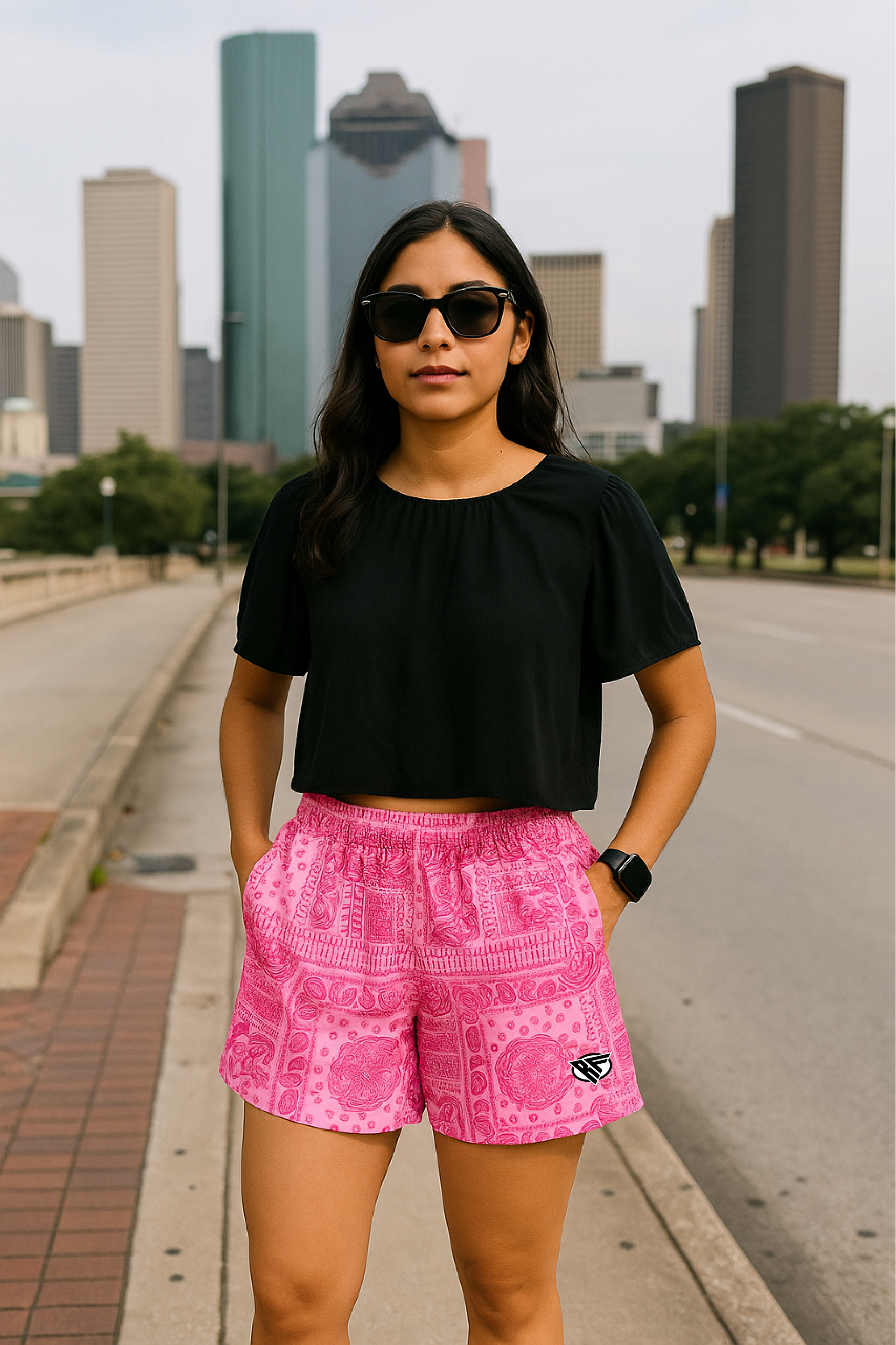 RF Wear Women's Bandana Mismatch Pocket Shorts - Pink - Model Front View
