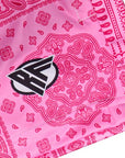 Close-up of RF-Wear Women's Bandana Mismatch Pocket Shorts in Pink with RF-Wear logo.