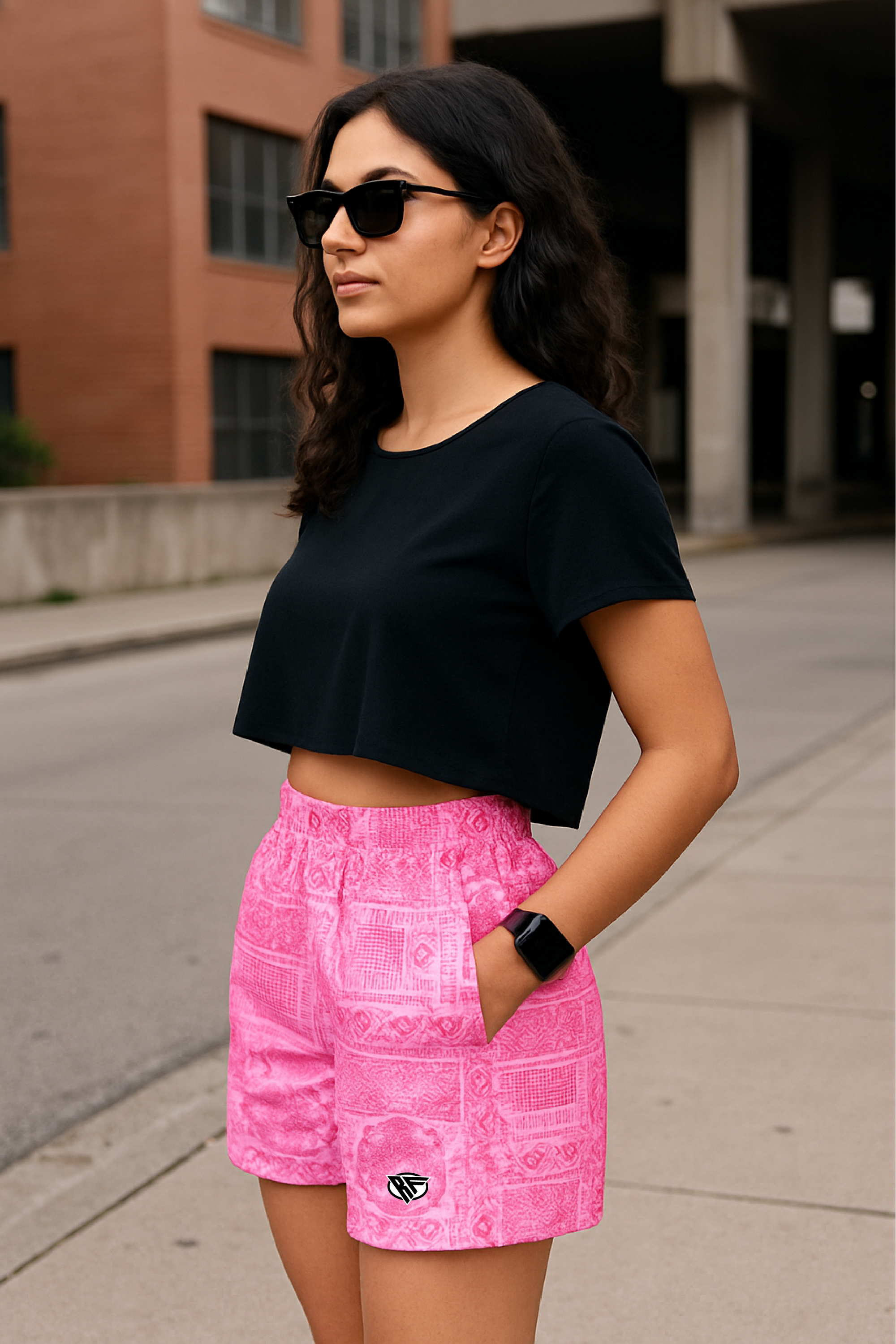 RF Wear Women's Bandana Mismatch Pocket Shorts - Pink - Model Side View