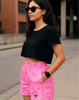 RF Wear Women's Bandana Mismatch Pocket Shorts - Pink - Model Side View