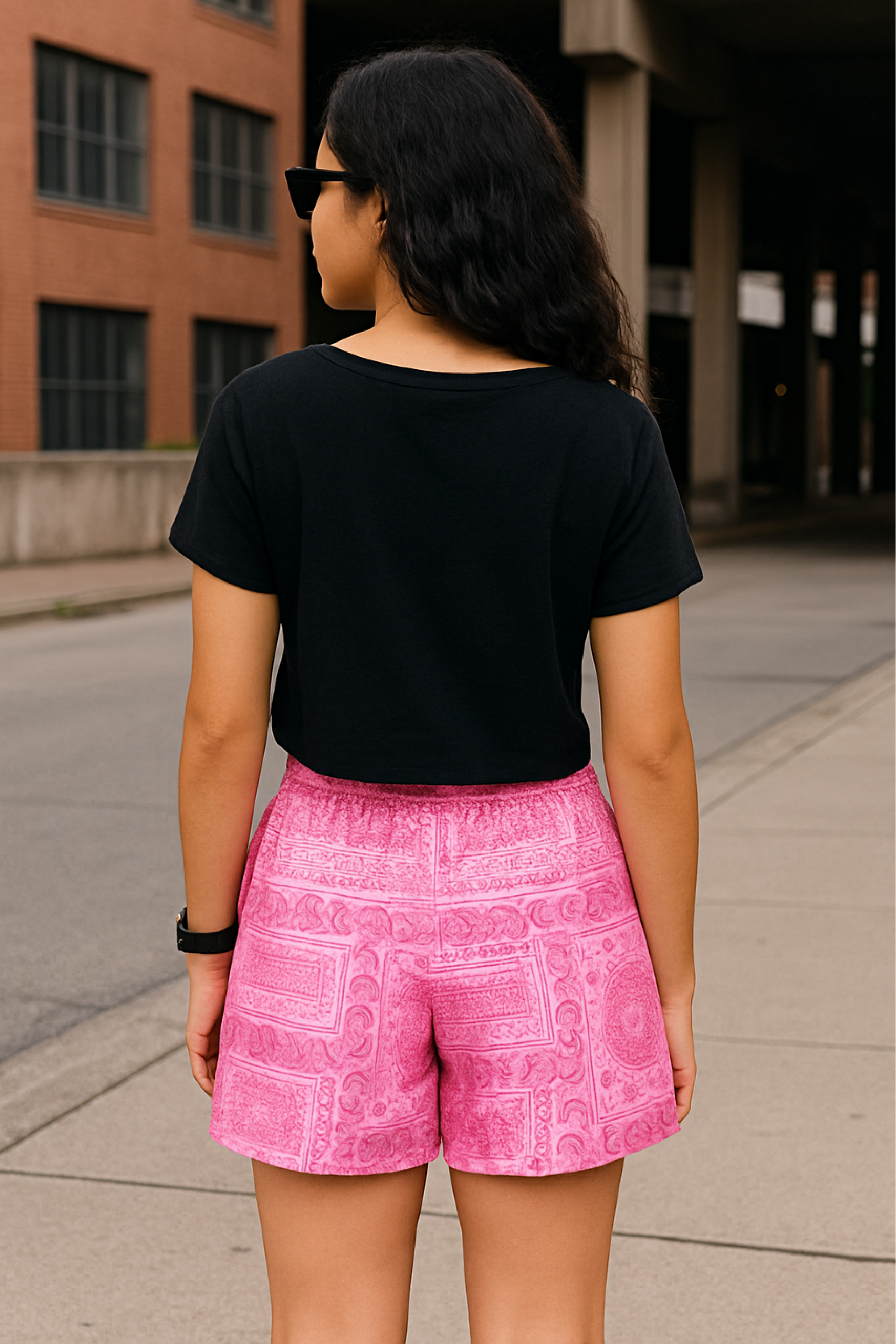 RF Wear Women&#39;s Bandana Mismatch Pocket Shorts - Pink - Model Back View
