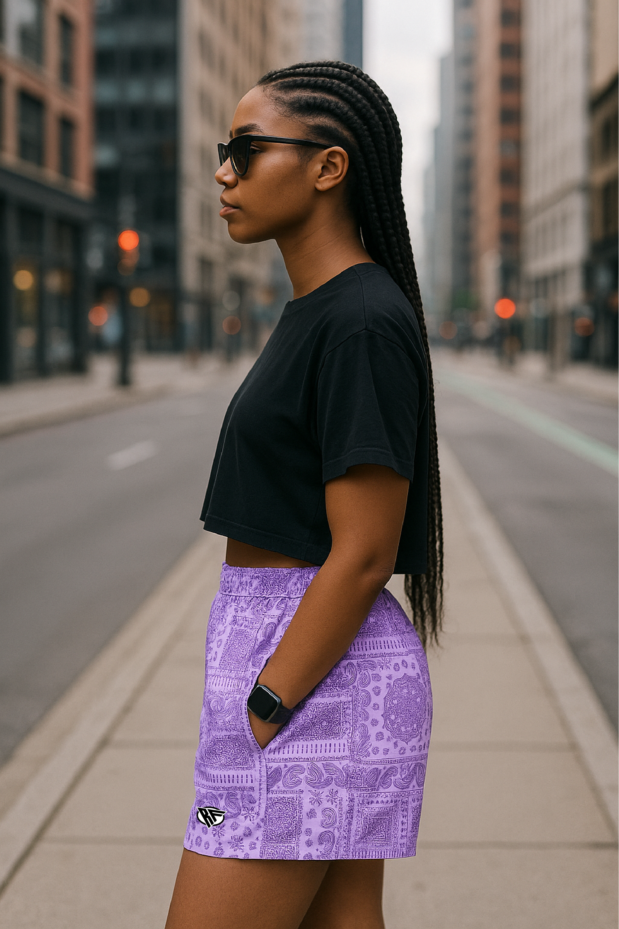 RF Wear Women's Bandana Mismatch Pocket Shorts -  Purple - Model Side View