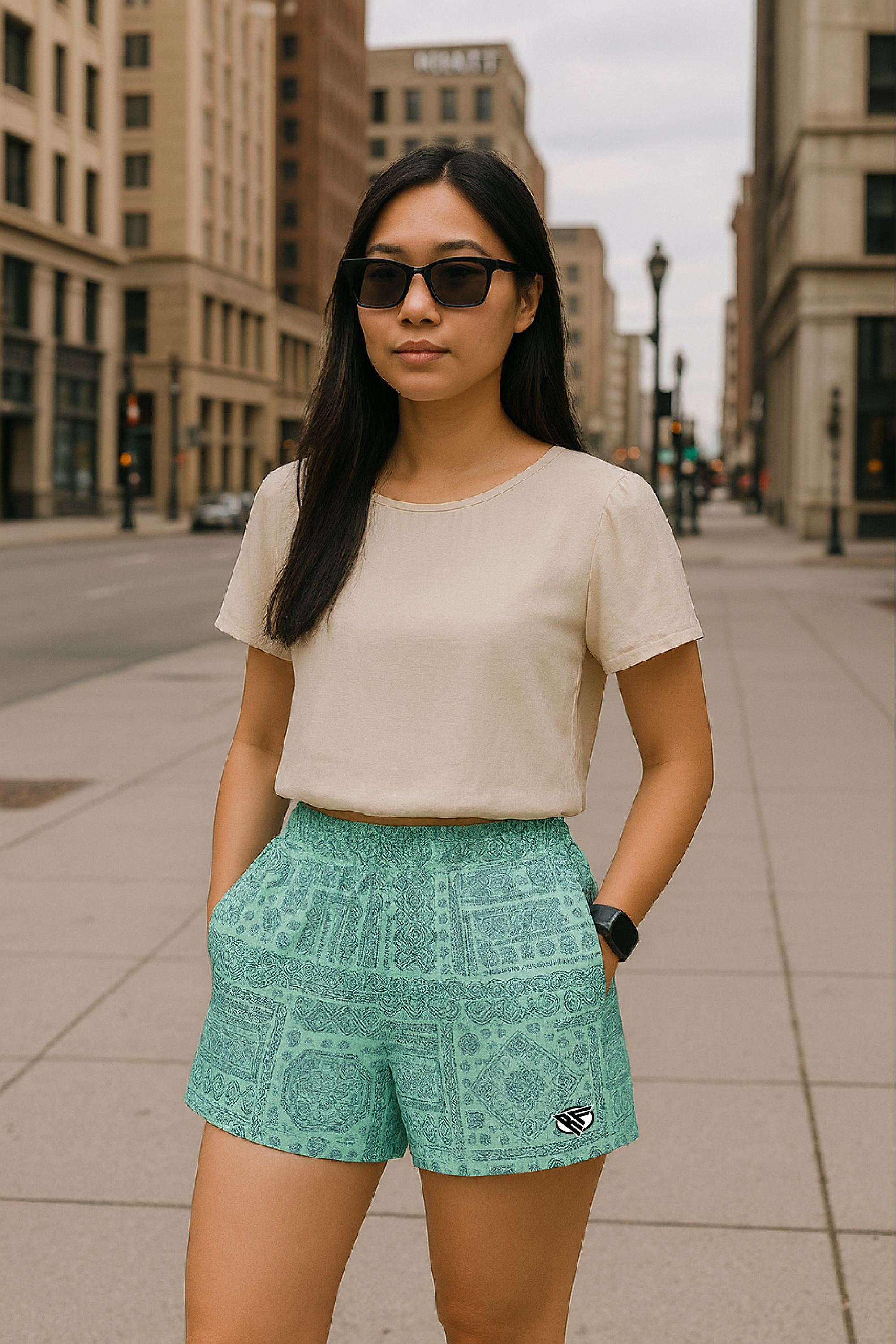 RF Wear Women's Bandana Mismatch Pocket Shorts - Teal - Model Front View