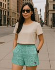 RF Wear Women's Bandana Mismatch Pocket Shorts - Teal - Model Front View