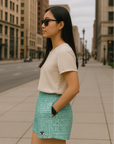 RF Wear Women's Bandana Mismatch Pocket Shorts - Teal - Model Side View