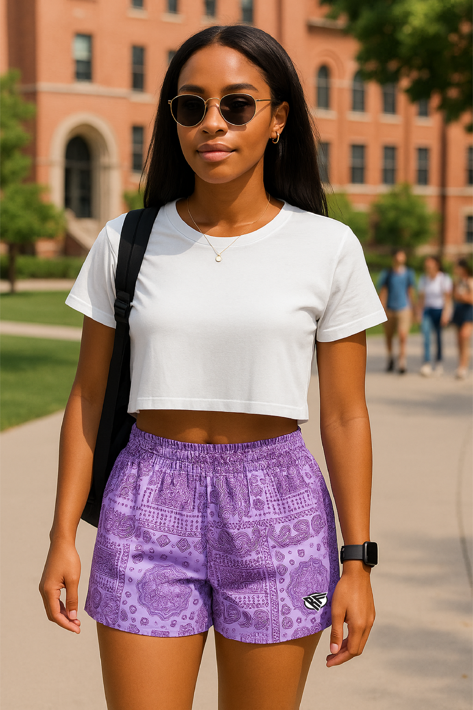 RF Wear Women's Bandana Mismatch Shorts -  Purple - Model Front View