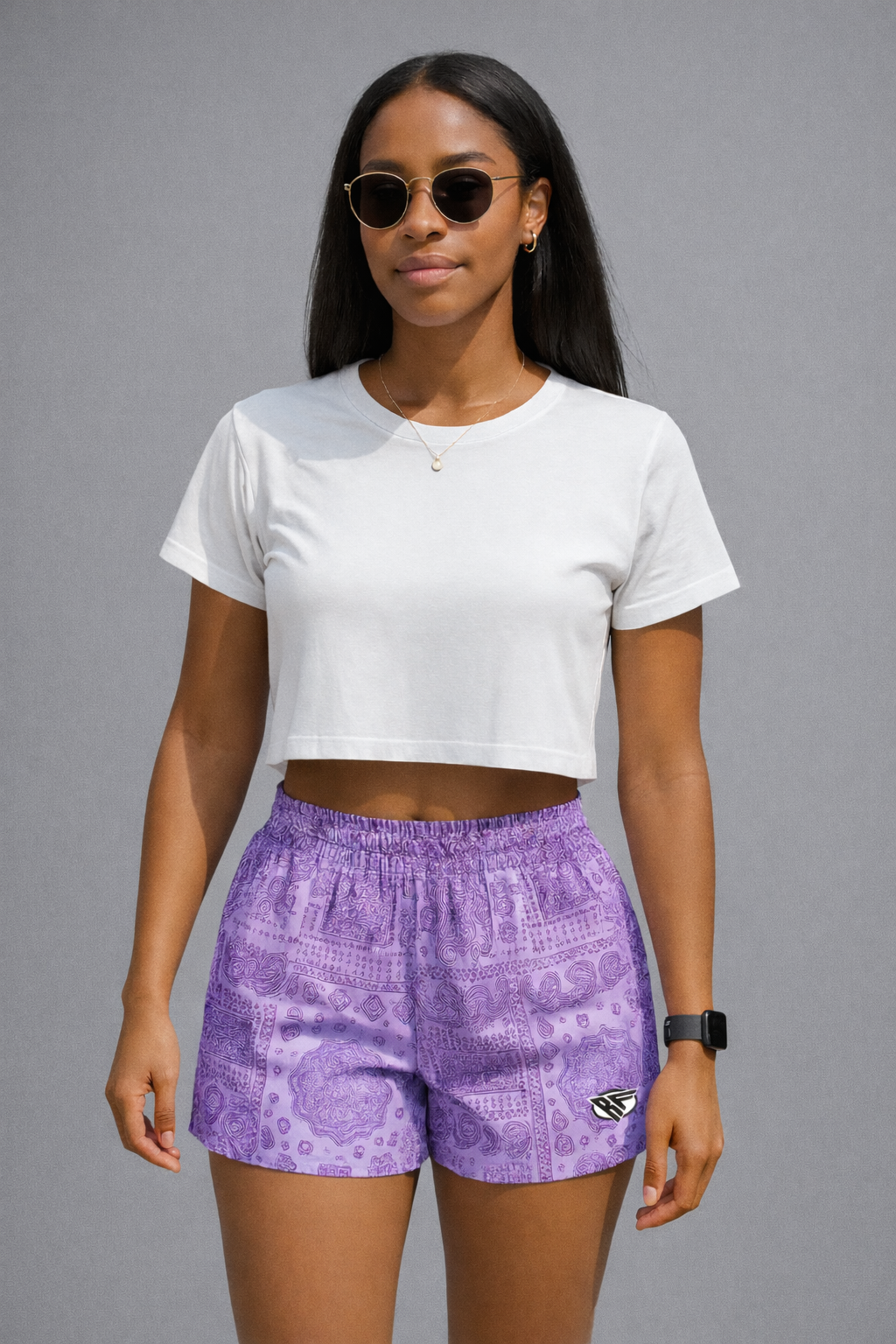 Woman wearing RF-Wear Women's Mismatch Bandana Shorts in Purple