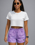 Woman wearing RF-Wear Women's Mismatch Bandana Shorts in Purple
