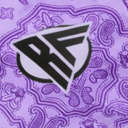 Close-up of RF-Wear Women's Mismatch Bandana Shorts in Purple with RF logo