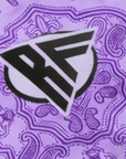 Close-up of RF-Wear Women's Mismatch Bandana Shorts in Purple with RF logo