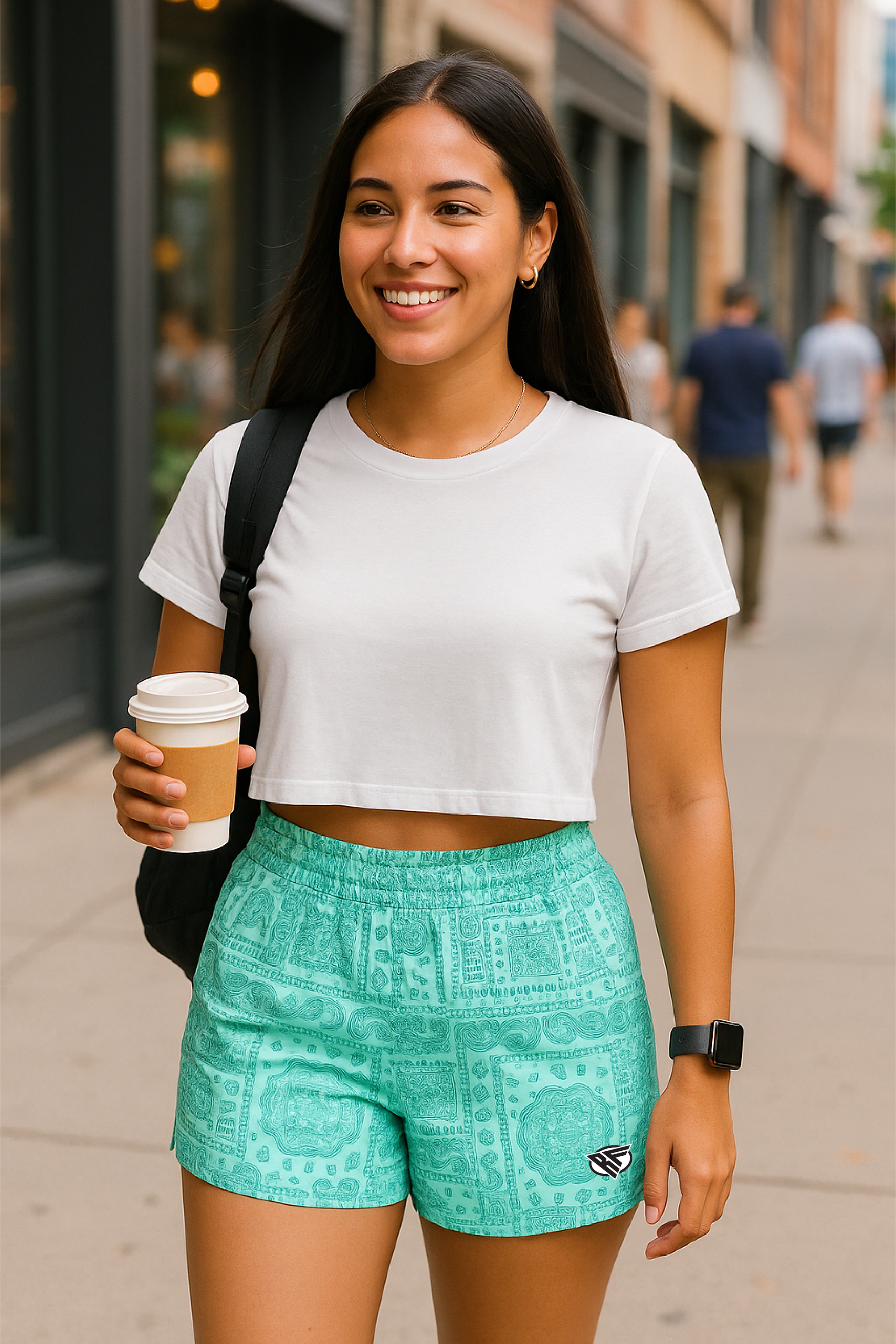 RF Wear Women's Mismatch Bandana Shorts - Teal - Model Front View