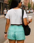 RF Wear Women's Mismatch Bandana Shorts - Teal - Model Back View