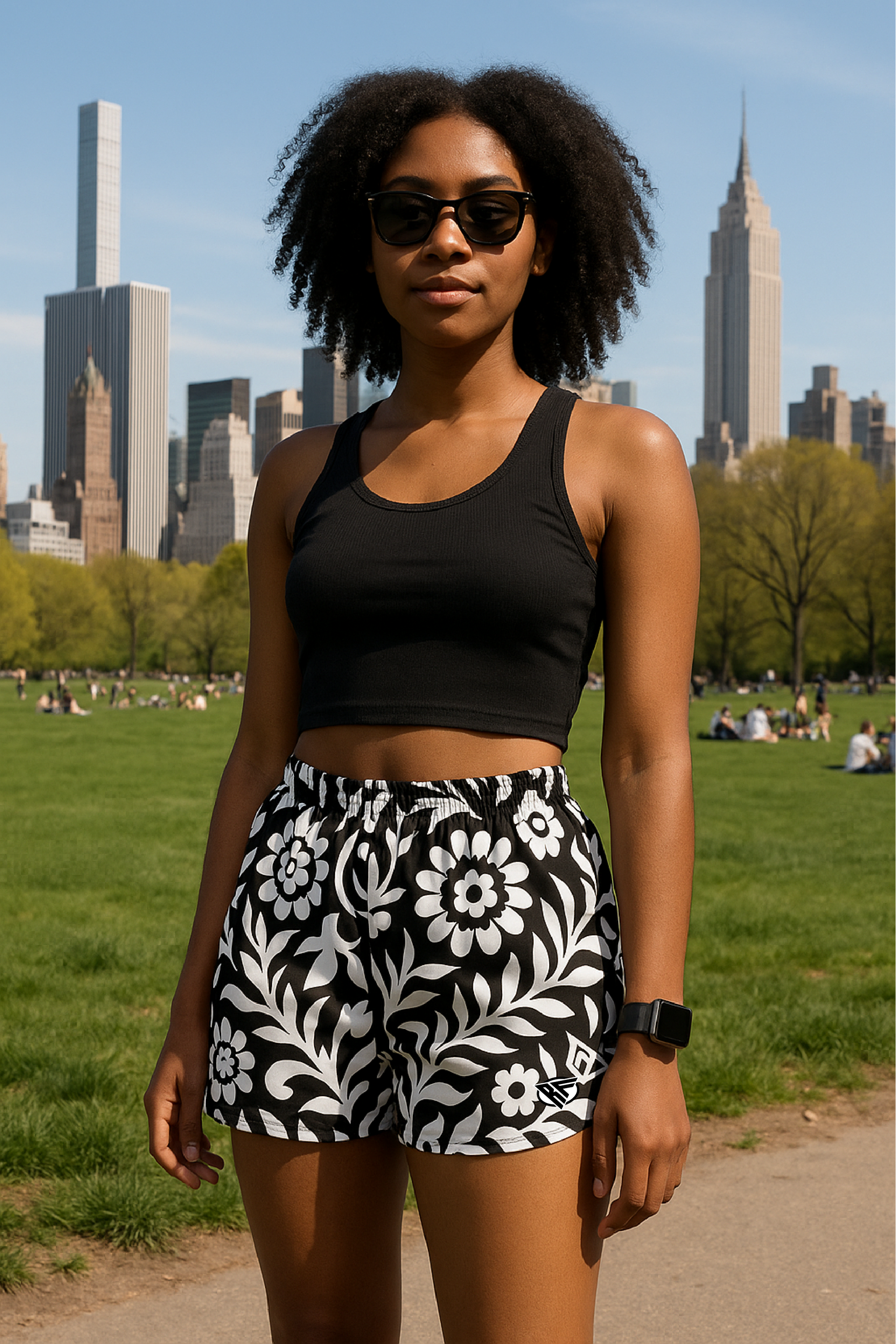 Woman at the park wearing RF-Wear Women's Paisley 2.0 Shorts - Black/White - Front View