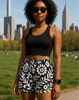 Woman at the park wearing RF-Wear Women's Paisley 2.0 Shorts - Black/White - Front View