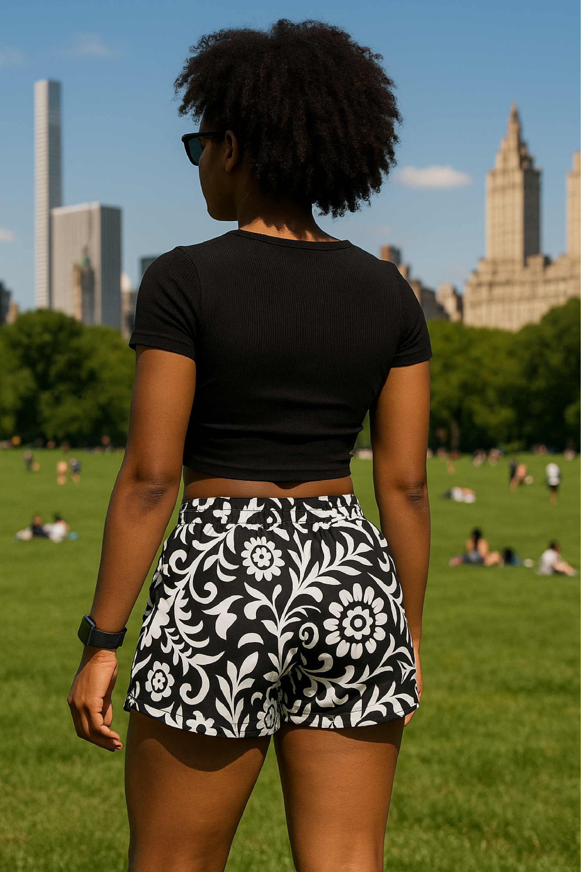 Woman at the park wearing RF-Wear Women's Paisley 2.0 Shorts - Black/White -  Back View