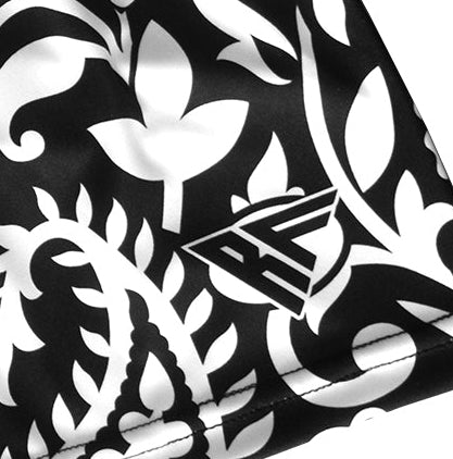 Close-up of Women's black/white paisley 2.0 shorts with brand logo.