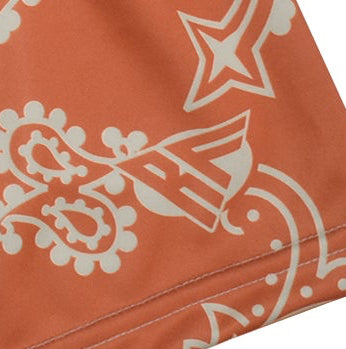 Close-Up of RF-Wear Women's Paisley Shorts - Apricot/Cream with RF logo