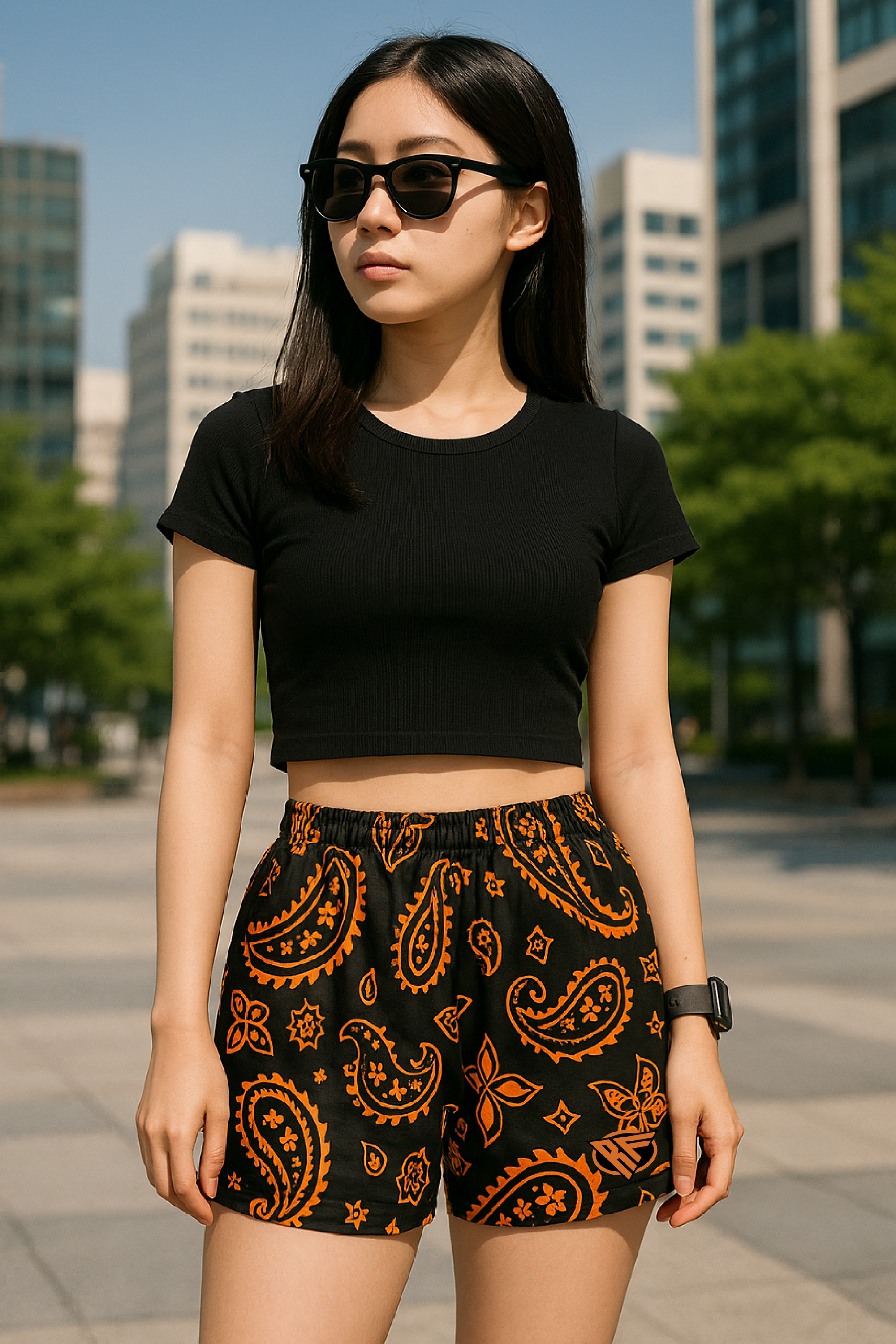 Woman in the city wearing RF-Wear Women's Paisley Shorts - Black/Orange - Front View