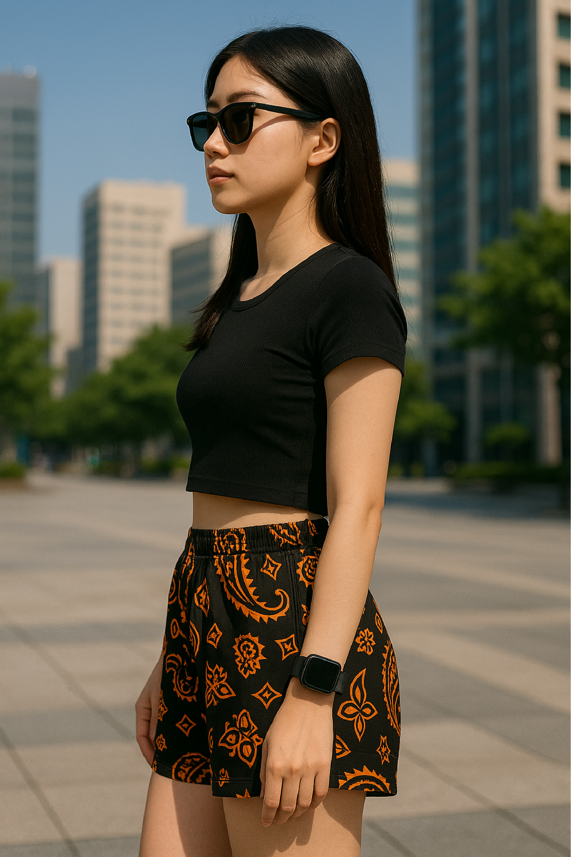Woman in the city wearing RF-Wear Women's Paisley Shorts - Black/Orange - Side View