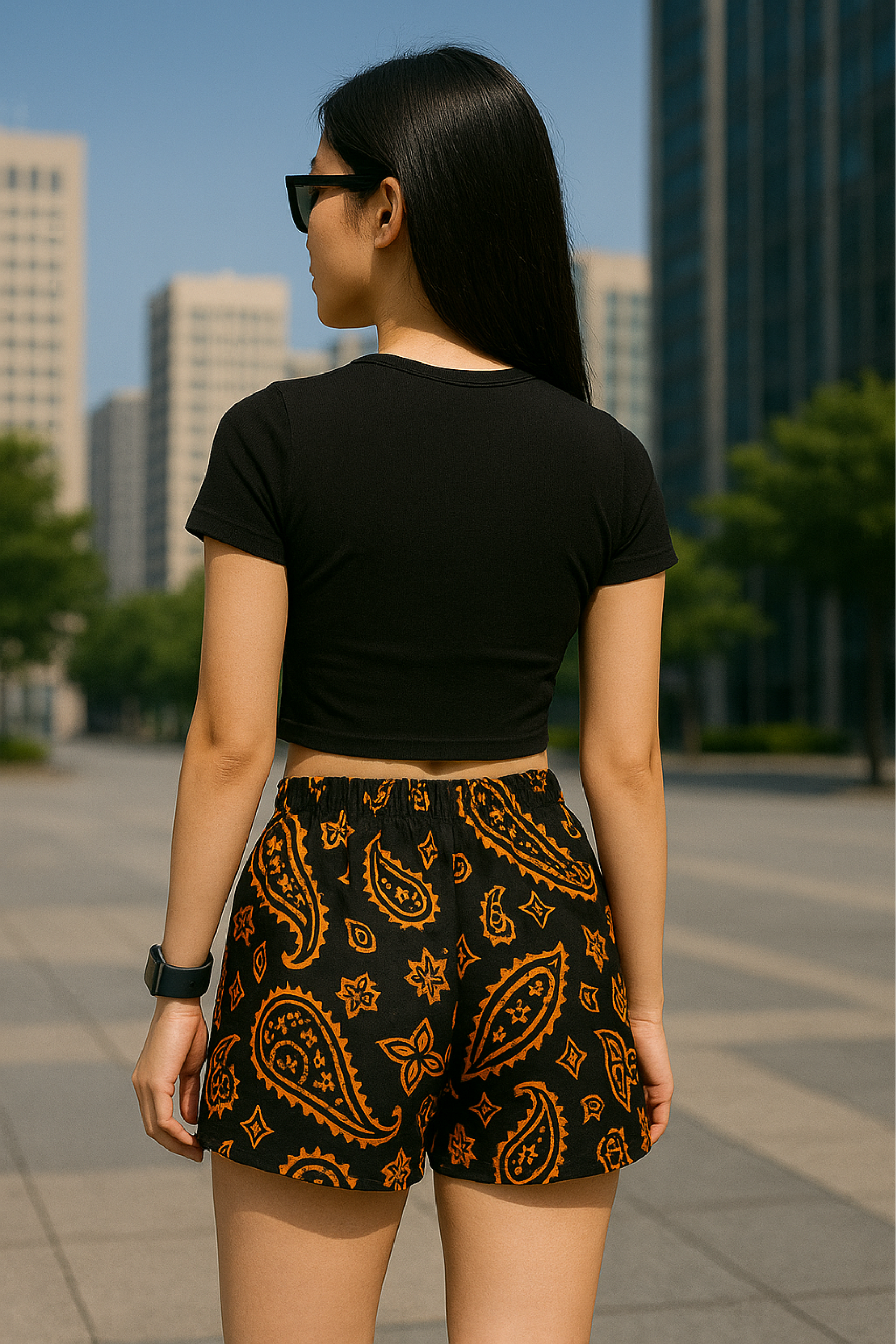 Woman in the city wearing RF-Wear Women's Paisley Shorts - Black/Orange - Back View