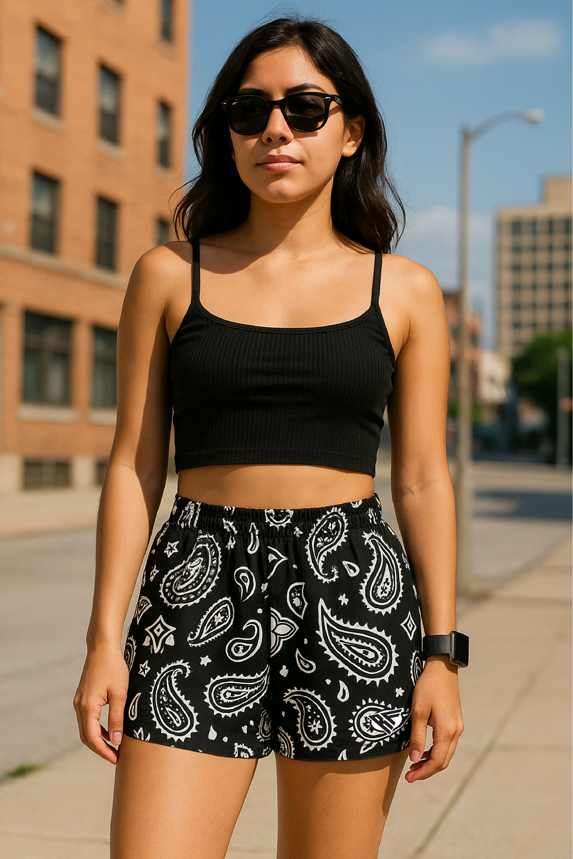 Woman wearing Black/White RF-Wear Women's Paisley Shorts - Front View