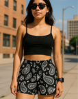 Woman wearing Black/White RF-Wear Women's Paisley Shorts - Front View