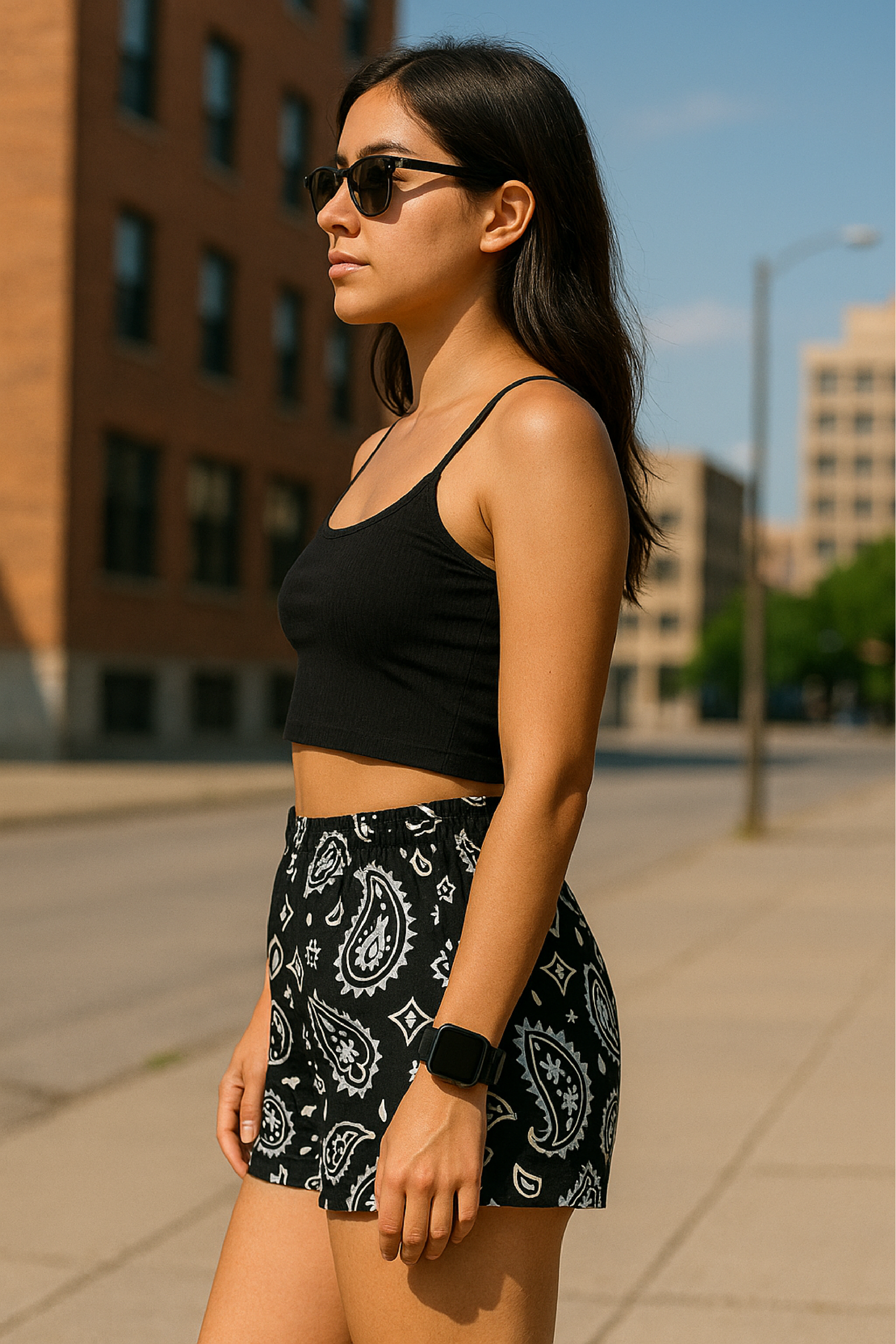 Woman wearing RF-Wear Women's Paisley Shorts - Black/White -l Side View
