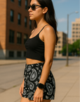Woman wearing RF-Wear Women's Paisley Shorts - Black/White -l Side View