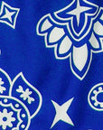 Close-up of RF-Wear blue/white paisley shorts