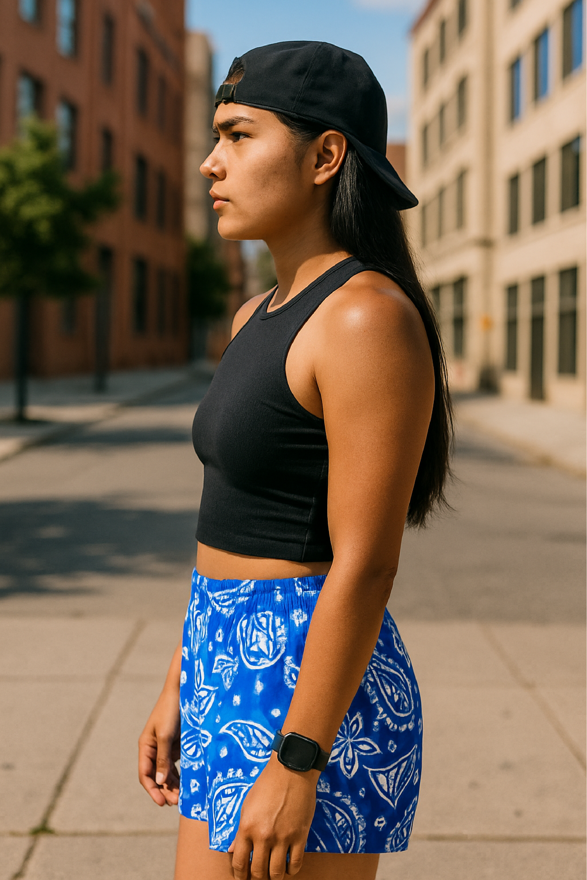 Woman standing on the city street wearing RF-Wear Women's Paisley Shorts - Blue/White - Side View