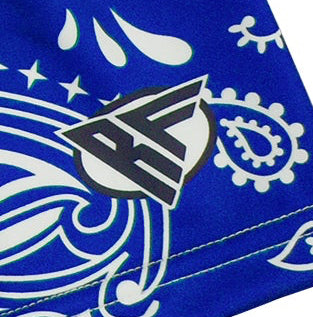 Close-up of women's blue/white paisley shorts with brand logo