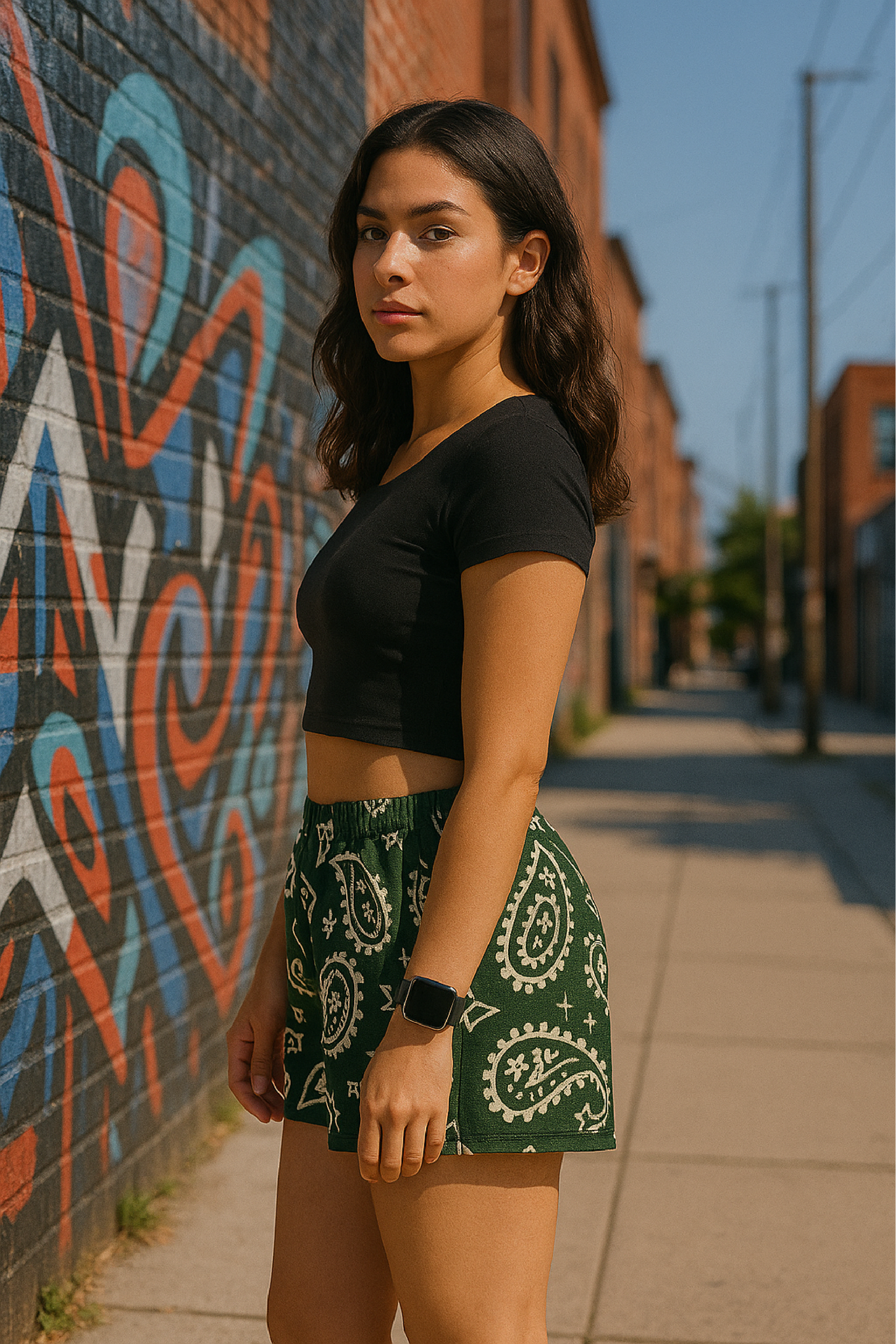 Women on sidewalk wearing RF-Wear Women's Paisley Shorts - Pine/Cream - Side View
