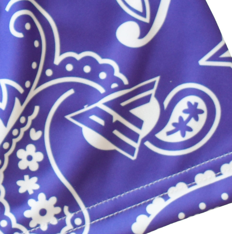 Close-up of paisley shorts in Purple/White with brand logo