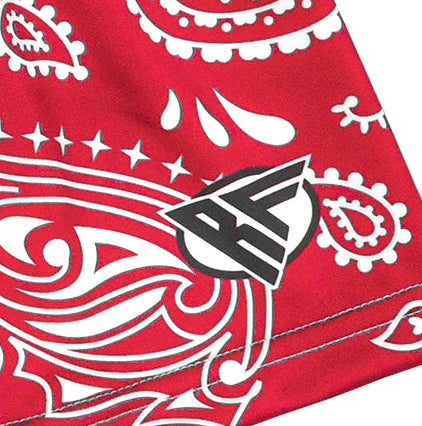 close-up women's red/white paisley print with brand logo