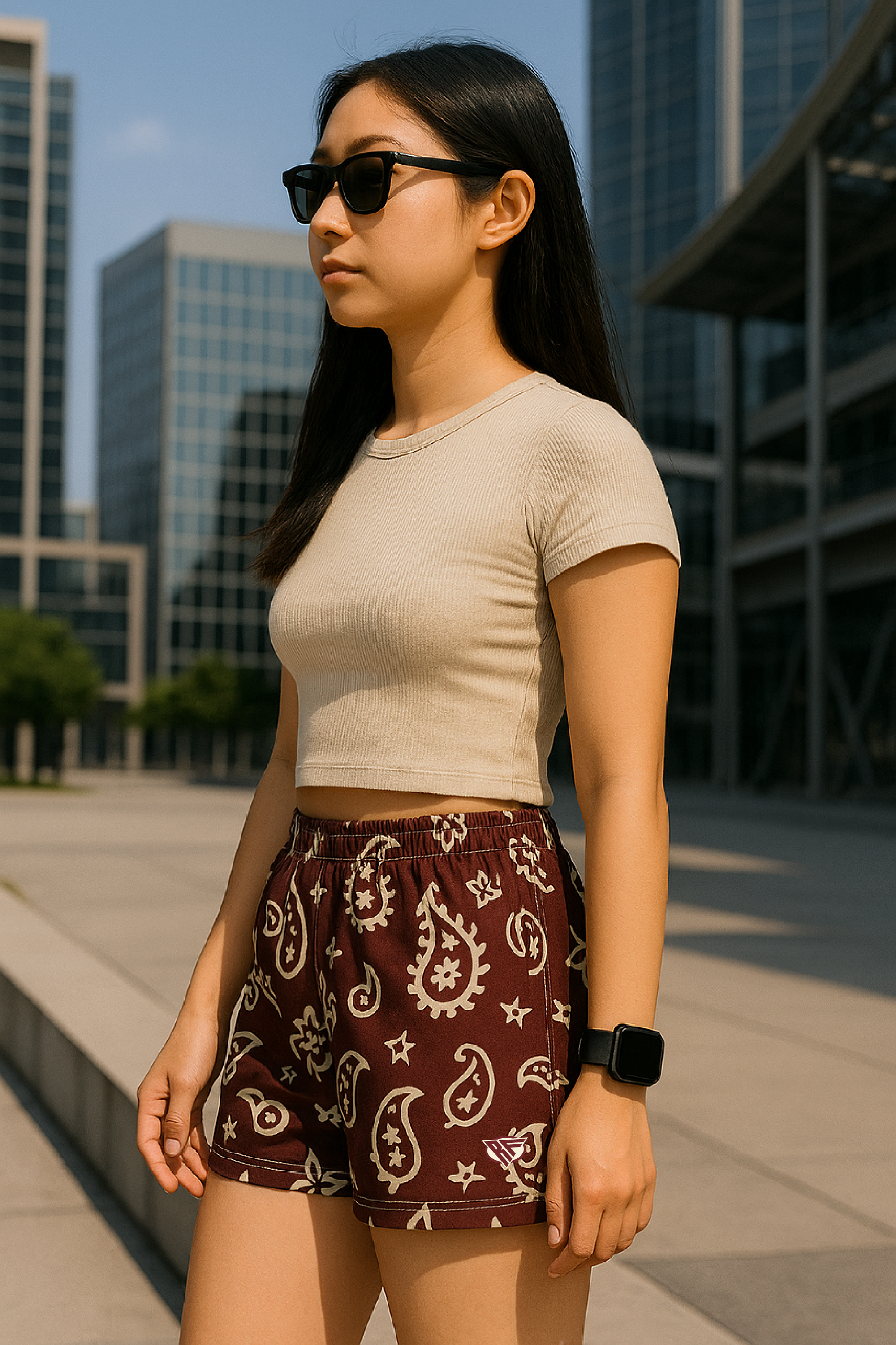 Woman standing in City wearing RF Wear Women's Paisley Shorts - Merlot/Cream - Side View