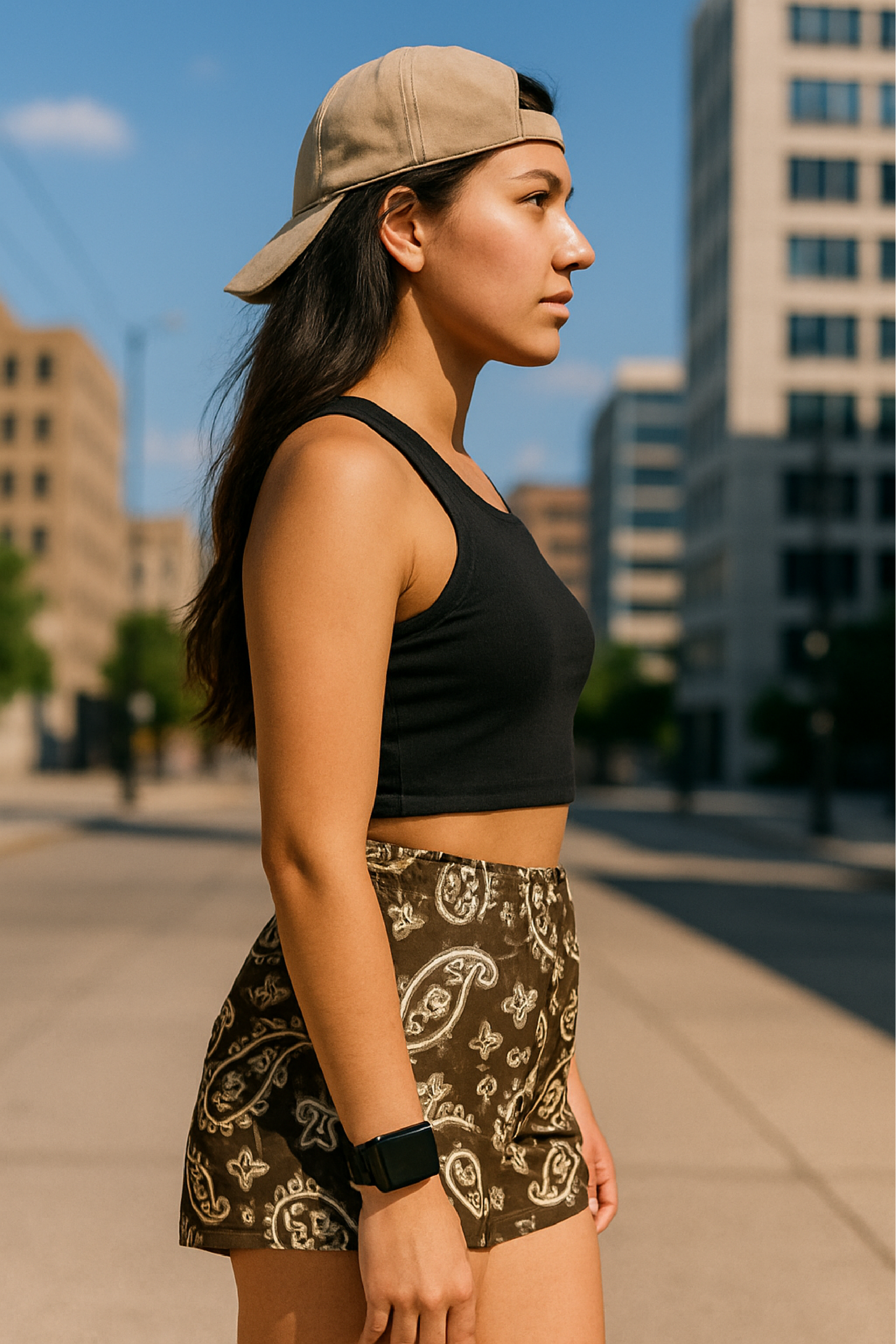 Woman standing on city sidewalk wearing RF-Wear Women's Paisley Shorts - Mocha/Cream - Side View