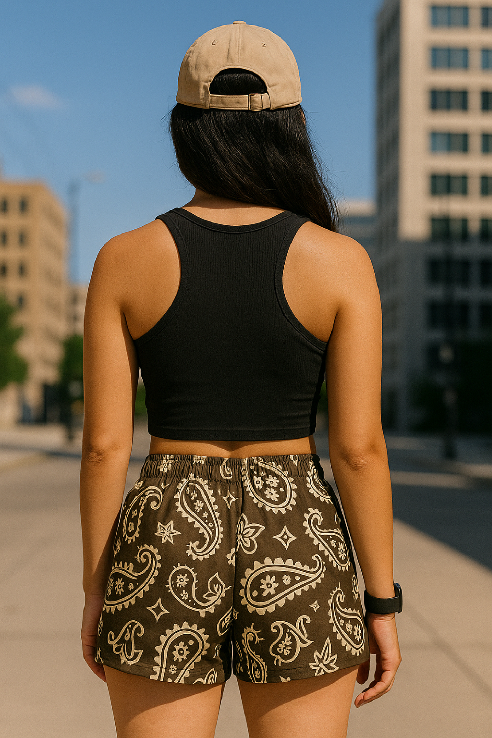 Woman standing on city sidewalk wearing RF-Wear Women's Paisley Shorts - Mocha/Cream - Back View