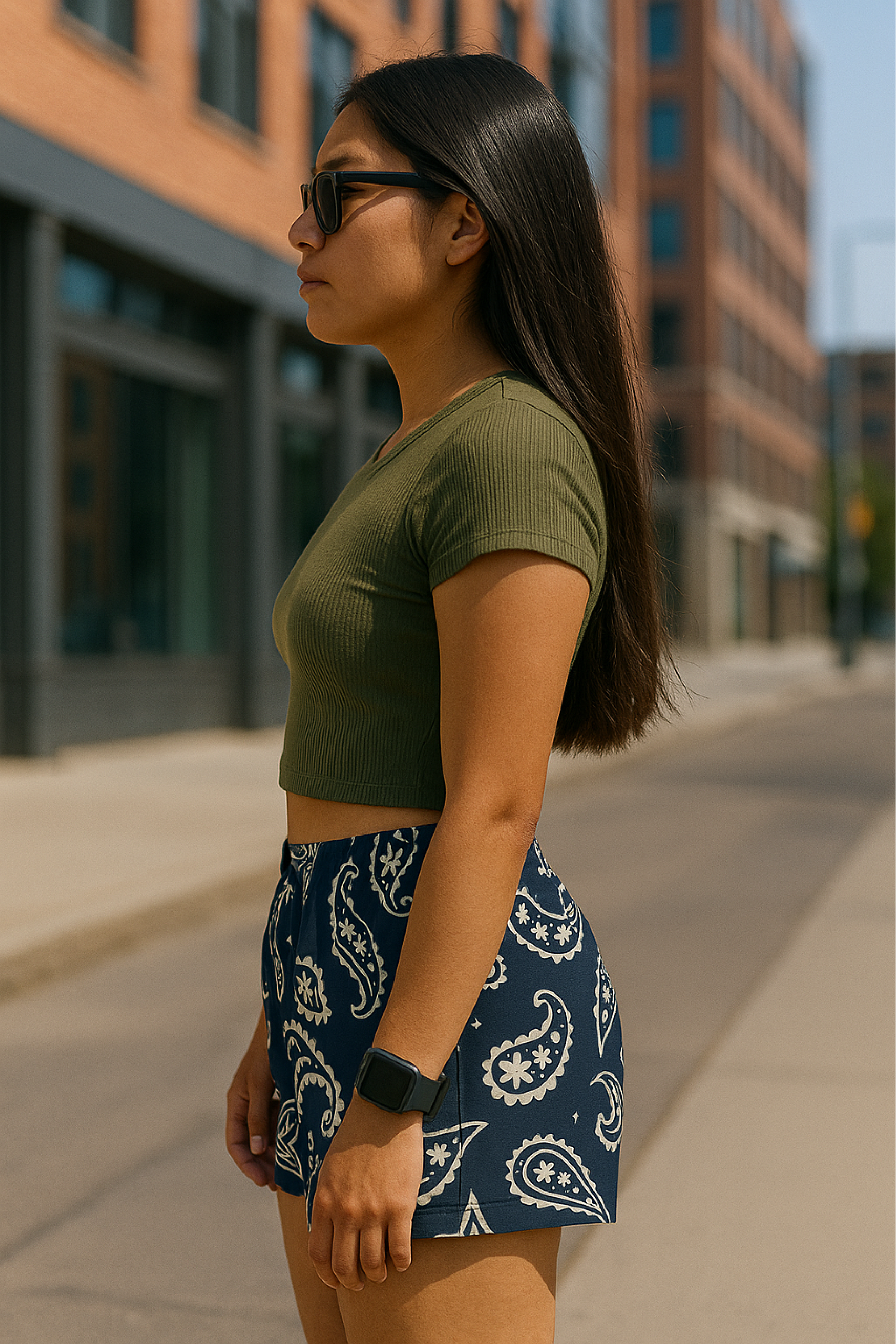 Woman on city sidewalk wearing RF-Wear Women's Paisley Shorts - Navy/Cream - Back View