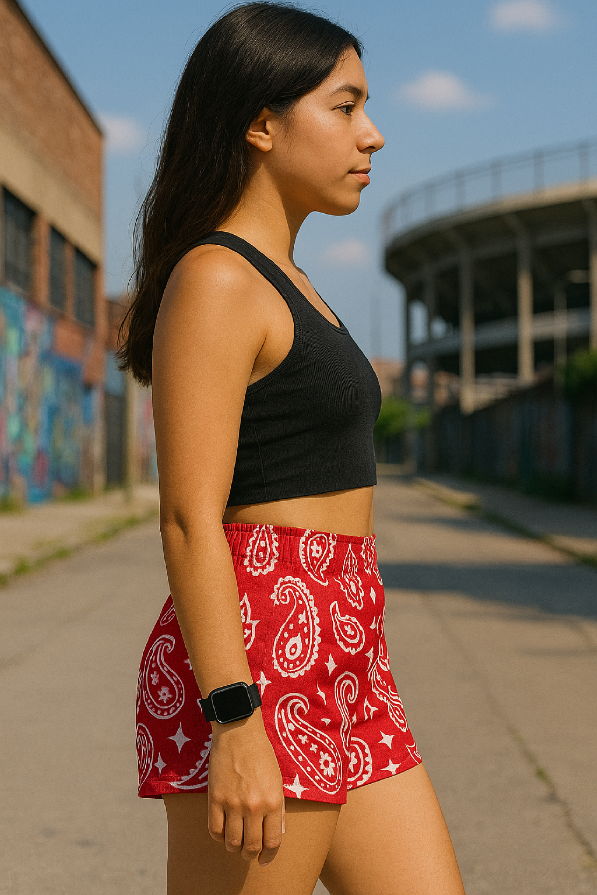Woman standing near buildings wearing RF-Wear Women's Paisley Shorts - Red/White - Side View