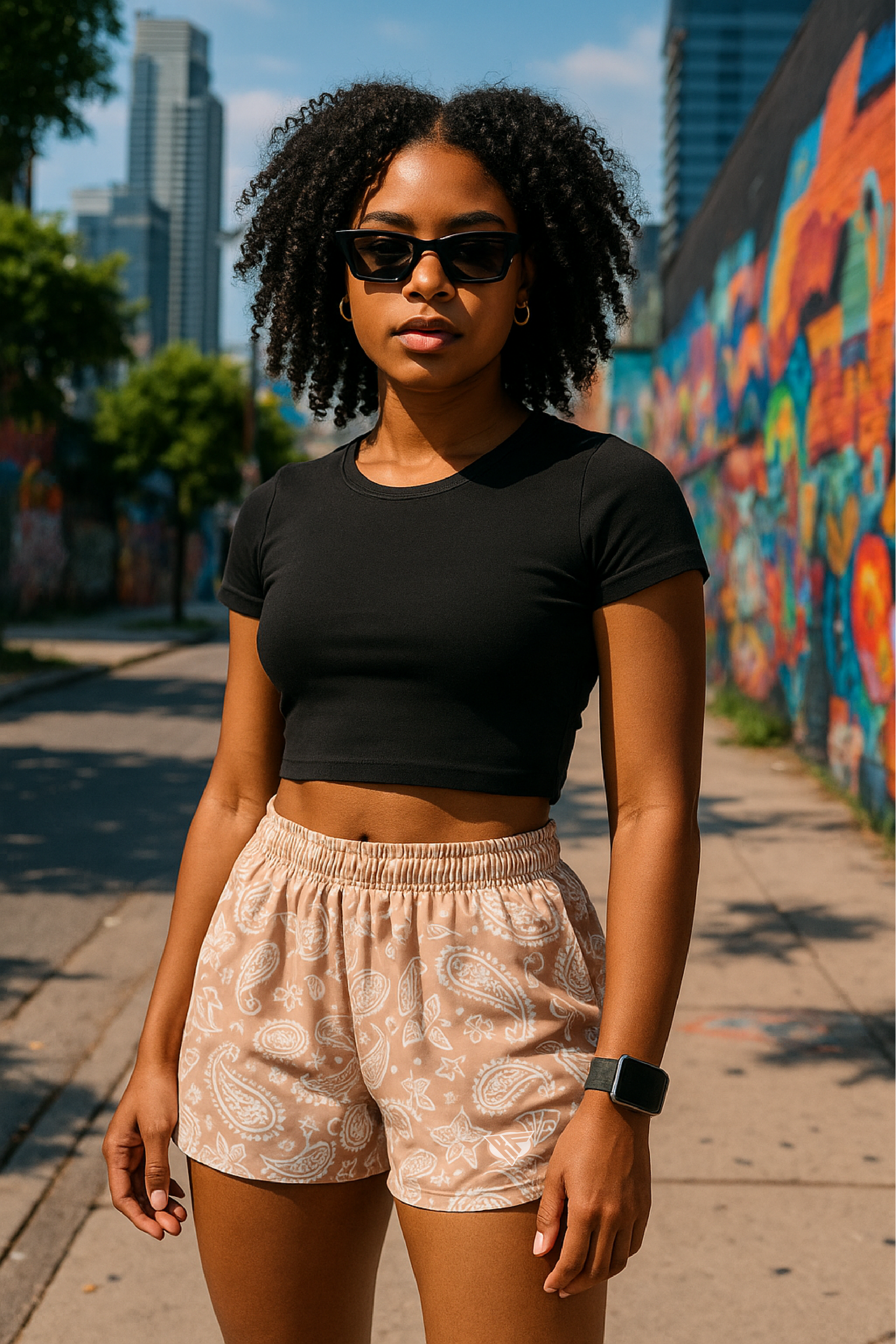 Woman wearing RF-Wear Women's Paisley Shorts in Tan/White - Front Viewi