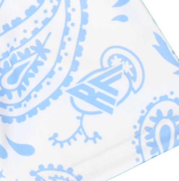 Close-up RF-Wear women's white/baby-blue paisley shorts with RF logo