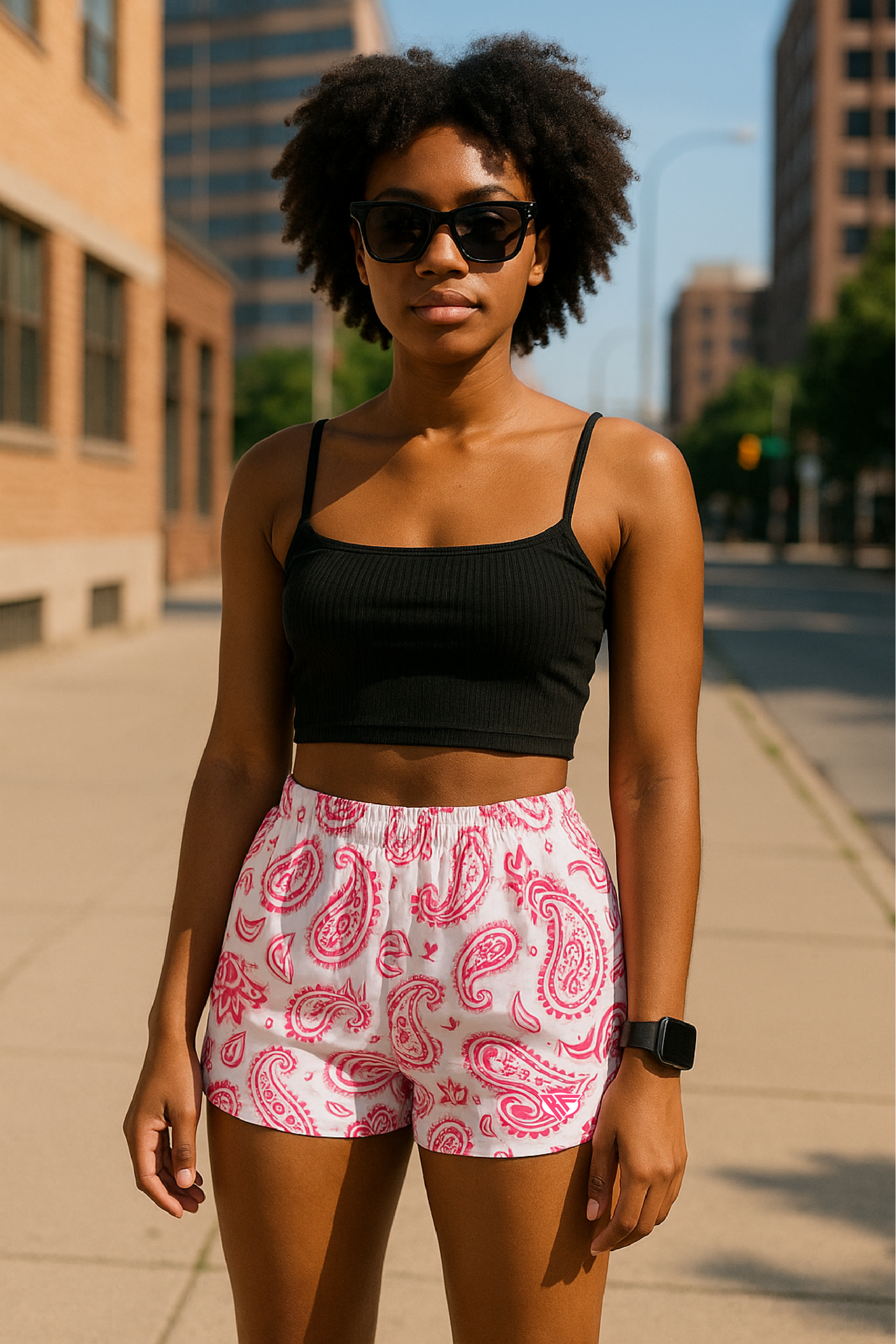 Woman standing on city sidewalk wearing RF-Wear Women's Paisley Shorts - White/Fuchsia - Front View